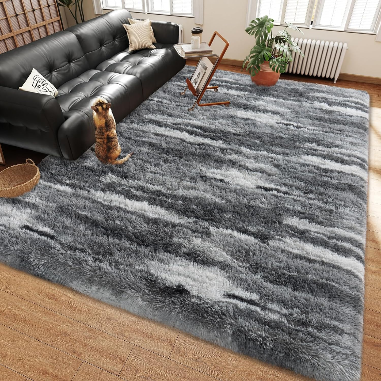 8X10 Large Shag Rugs for Living Room, Washable Abstract Grey ...