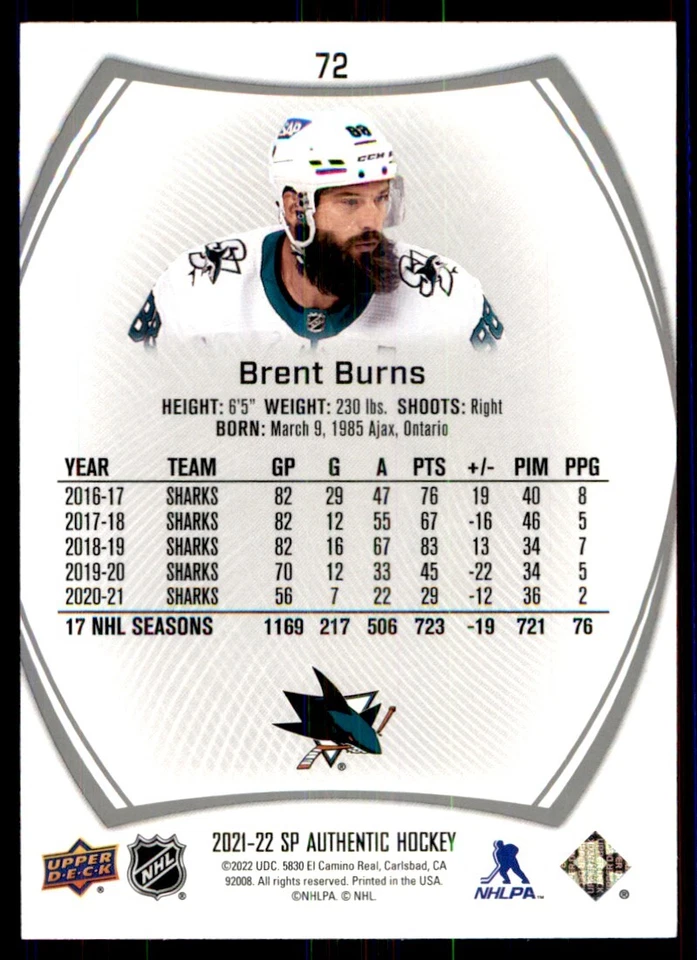 2021-22 SP Authentic Brent Burns San Jose Sharks #72 - Image 2 of 2