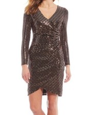 Morgan & Co. Metallic Black Bronze Sequin Cocktail Dress Crossover Front Size 3