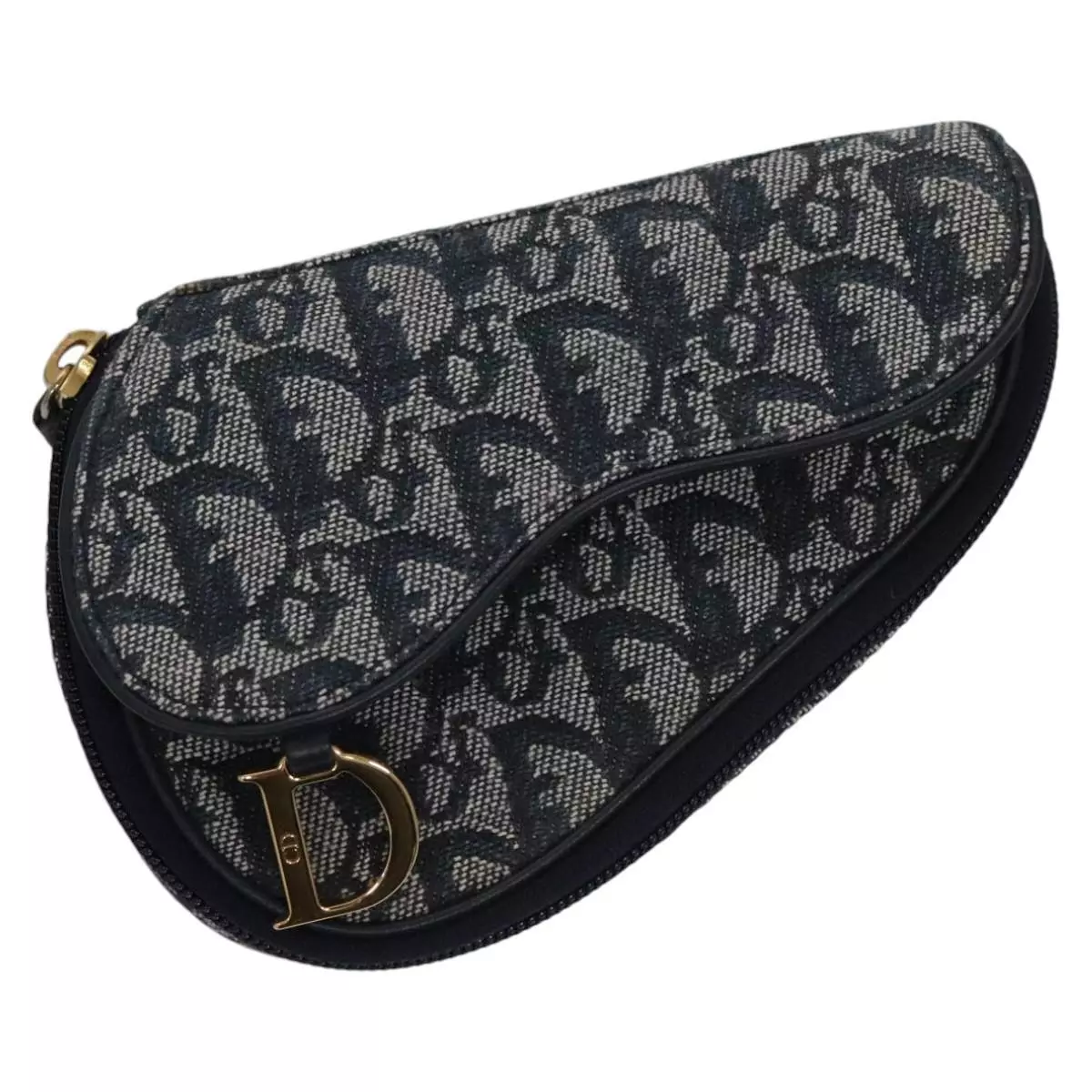 Pochette de selle toile Christian Dior trotteur bleu marine or authentique 100751