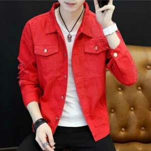 distressed red denim jacket