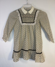 Vintage Polly Finders Smocked Dress Size 6 Girls Tan Striped Floral Velvet Lace