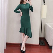 Women Knitted Sweater Maxi Dress Jumper Ladies Knitwear Fishtail Slim Fit Winter