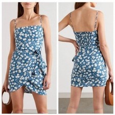 Reformation Canal Wrap Floral Print Crepe Mini Dress Size 2 Tulip Blue White