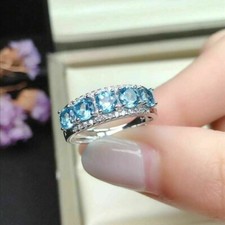2 Ct Round Simulated Blue Topaz Half Eternity Wedding Band 14k White Gold Plated