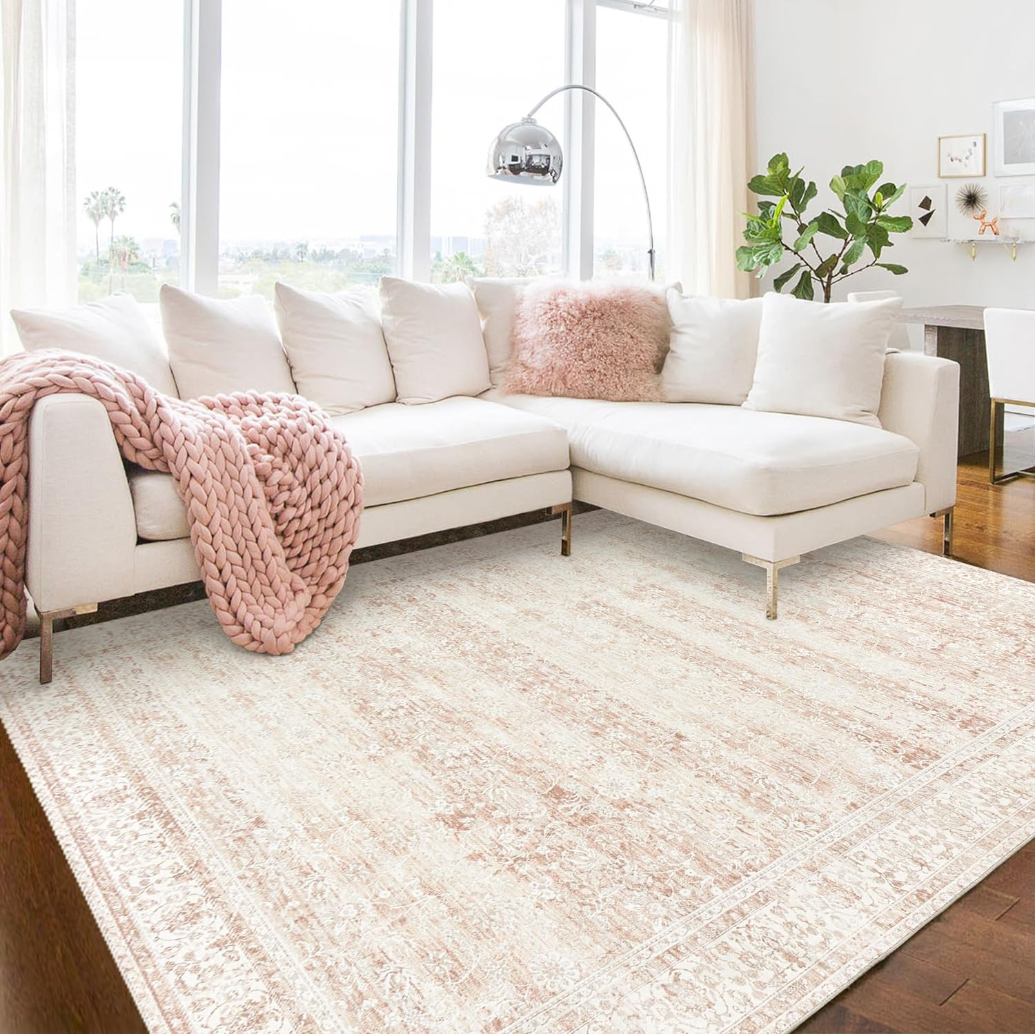 Nursery Rug for Baby Girl Neutral Blush Pink Boho Floral Washable Soft Faux Wool