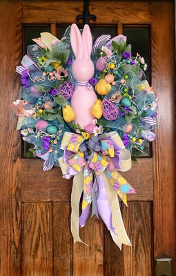 Flocked Bunny Door Swag Wreath Easter HUGE XL Pastel Eggs Flowers Free Ship