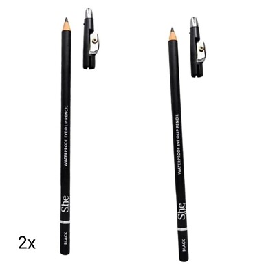 2x She Makeup Waterproof Eyeliner Lip Pencil Black Net Wt0.07Oz Sealed Sharpener