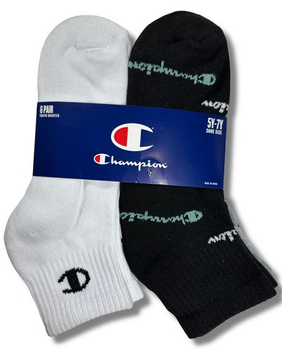 CHAMPION SOCKS BOYS - QUARTER CUT 243 - WHITE BLACK - YOUTH LARGE (2Y-5Y) PACK 6