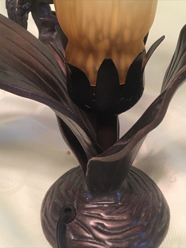 Tulip Table Lamp w/ Leaves Pink Green Yellow Glass, Metal Cherub Playing Violin - Picture 15 of 18