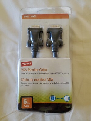 New Staples VGA Male - Male 15pin Cable Cord Monitor to Computer Video 6ft Black