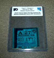 NY Rangers 2/9/1969 Ticket Stub vs Flyers Emile Francis One Day Goalie Contract