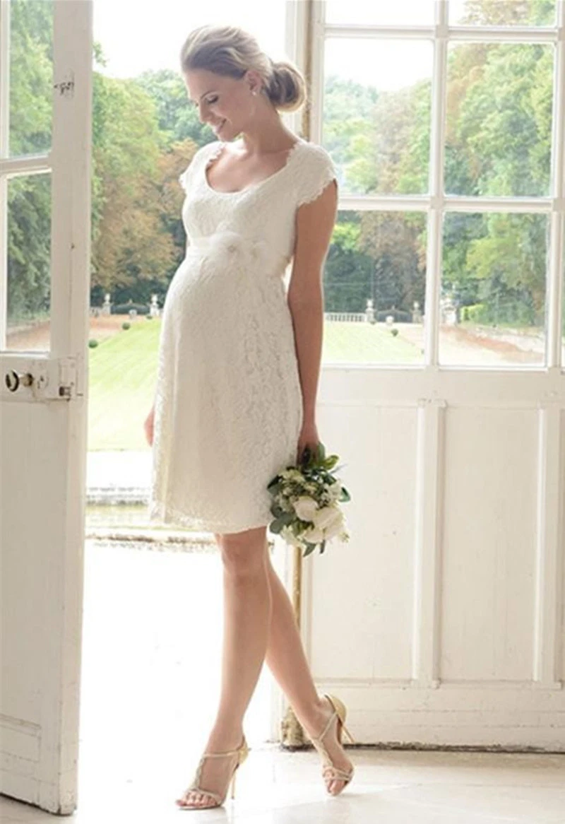 Short Scoop Cap Sleeve Lace Beach Pregnant Wedding Dresses Maternity Bridal  Gown