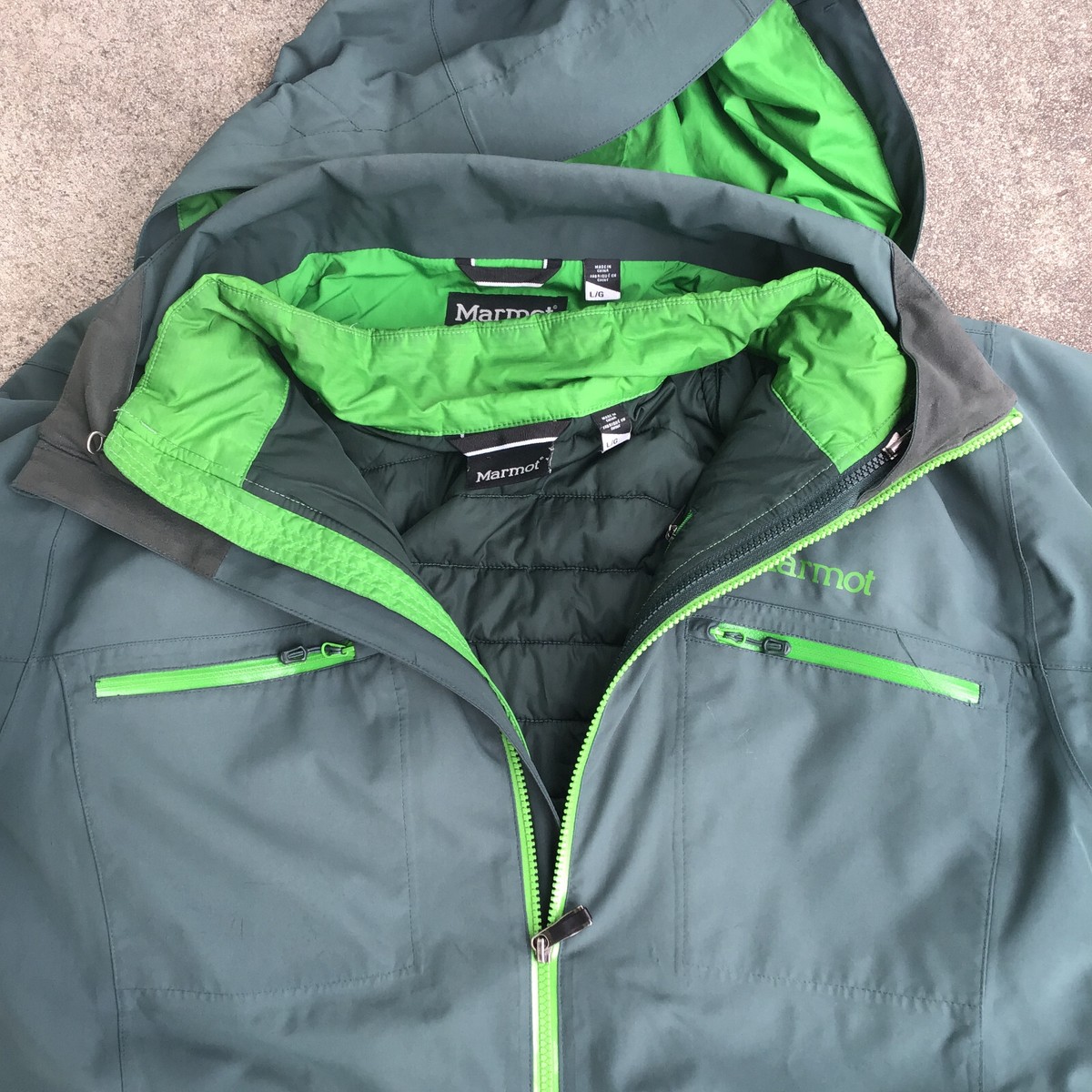 Marmot Men Large 3 In 1 Rain Insulated Zip Out Jacket Coat Green