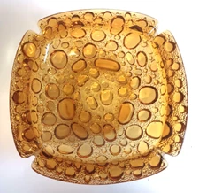 Vintage Amber Bubble Glass Ashtray Large 8.5" Heavy MCM Design