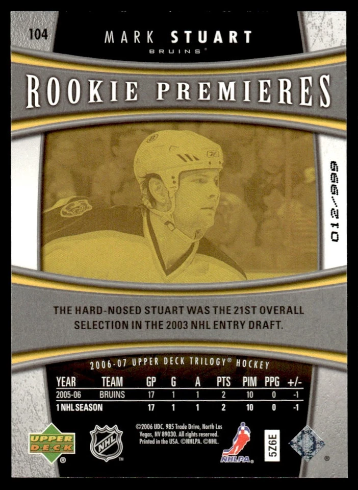 2006-07 Upper Deck Trilogy Mark Stuart Rookie Boston Bruins #104 - Image 2 of 2