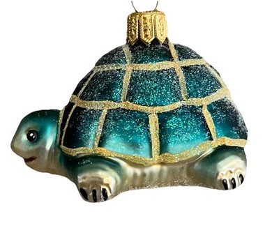 POLISH GLASS GREEN SEA TURTLE CHRISTMAS ORNAMENT BY IMPULS GOLD GLITTER