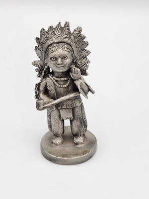 Vintage Pewter Native American Child Figurine Feather Headdress Peace Pipe F3