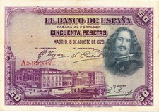 Banco de Espana Spain 50 Pesetas 1928 EF