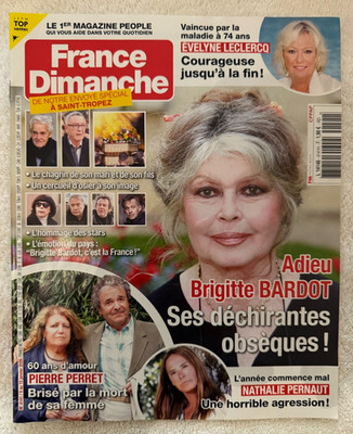 FRENCH MAGAZINE FOR THE DEATH OF BRIGITTE BARDOT FRANCE DIMANCHE SPECIAL EDITION