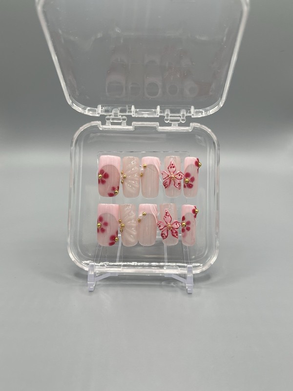 Pink/Beige/Red flowers 3D Square Short Gel Press-On Nails Set, Glue