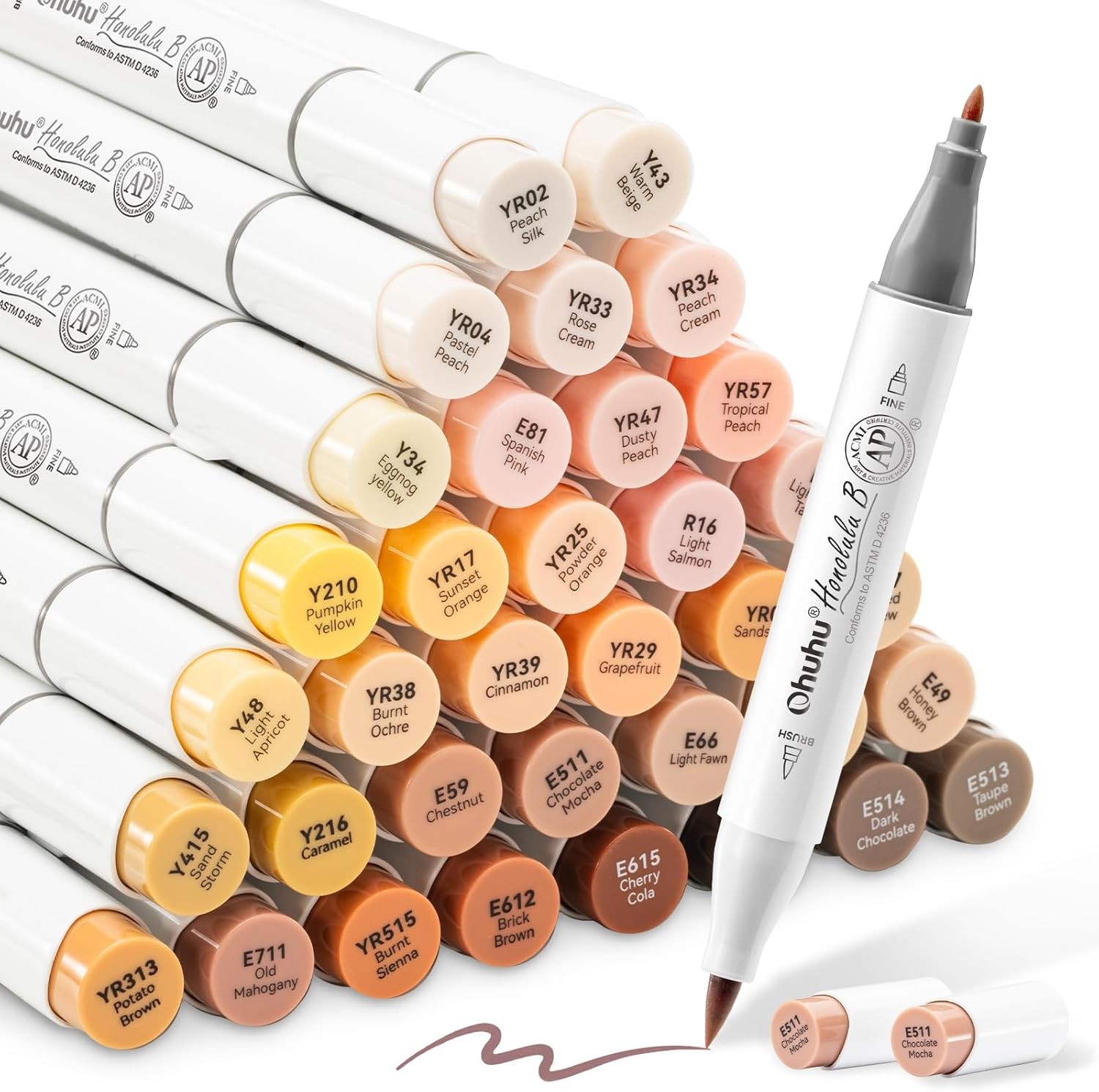 Ohuhu 36 Portrait Skin Colors-Refillable- Brush & Fine Dual 