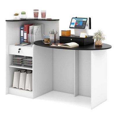 Reception Desk w/ Lockable Drawer & Adjustable Shelf Oval Tabletop for Store