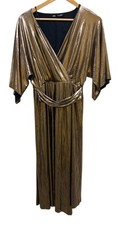 Zara Dress Small Gold Metallic Wrap Maxi V Neck Lined