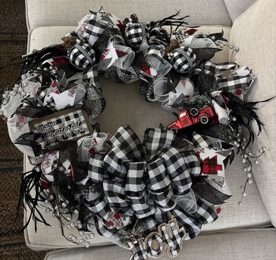 Christmas Mesh Wreath Buffalo Check Red Truck 26 D Feathers W/Storage Container