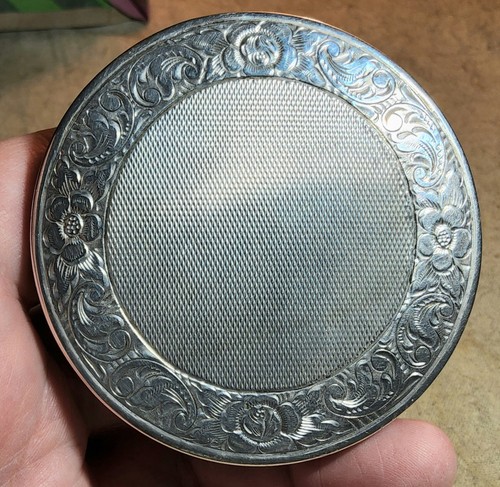 ANTIQUE 800 SILVER FLORAL ETCHED EDGES HAND MAKE-UP CIRCULAR COMPACT with MIRROR