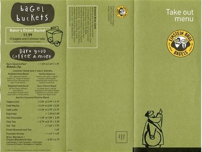 Einstein Bros Bagels Take Out Menu 2002 Golden Colorado