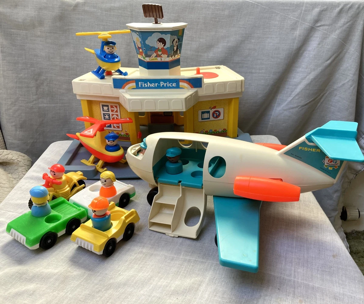 Vintage Fisher Price Little People Airport 1980 People Helicopter Tram Airplane