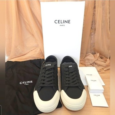 CELINE 革靴　サイズ40 1/2 CELINE AS-01 Men's Cap Toe Lace Up Black Canvas/ Calfskin Sneakers