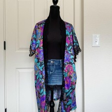 Vintage Late 80s Floral Lace Trim Kimono Robe Duster/ XL