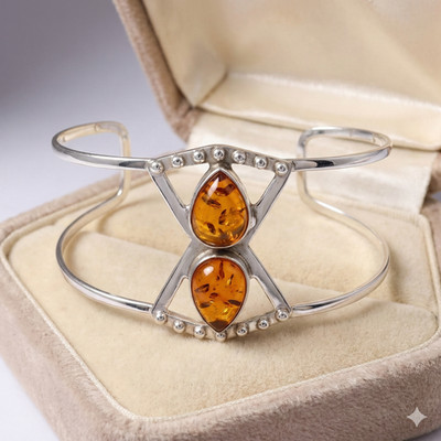 925 Sterling Silver Baltic Amber Gemstone Handmade Jewelry Cuff Bracelet