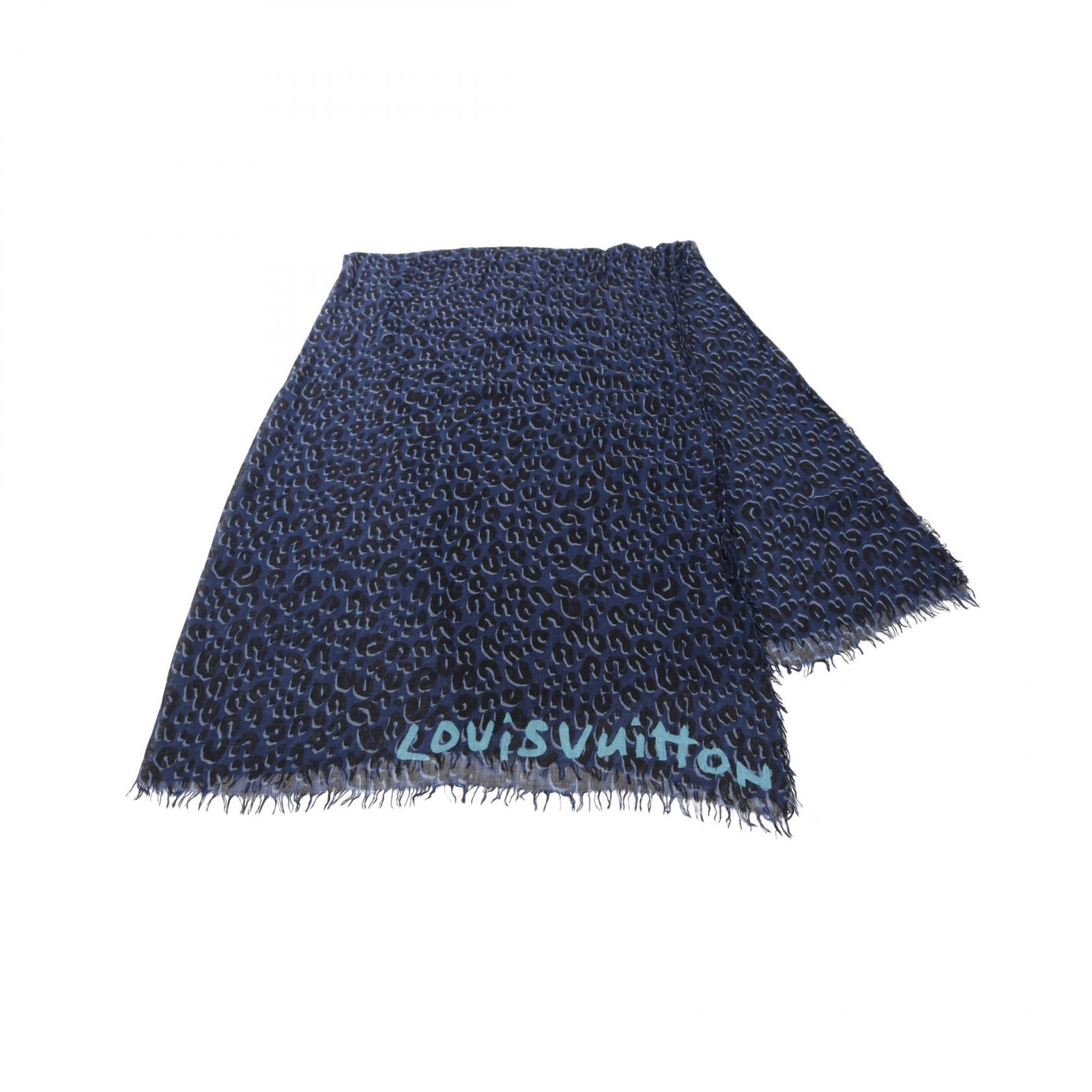 Louis Vuitton Leopard Silk Cashmere Stole in Blue Black Preowned