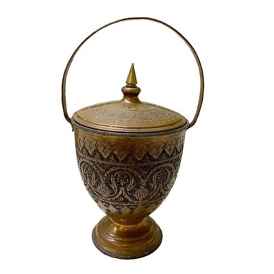 Antique Handmade Copper Bucket Pot With Repousse Design & Swing Handle