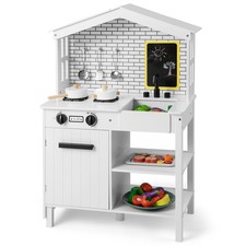 Kids Farmhouse Kitchen Play Set Wooden Pretend Toy with Storage  Accessories