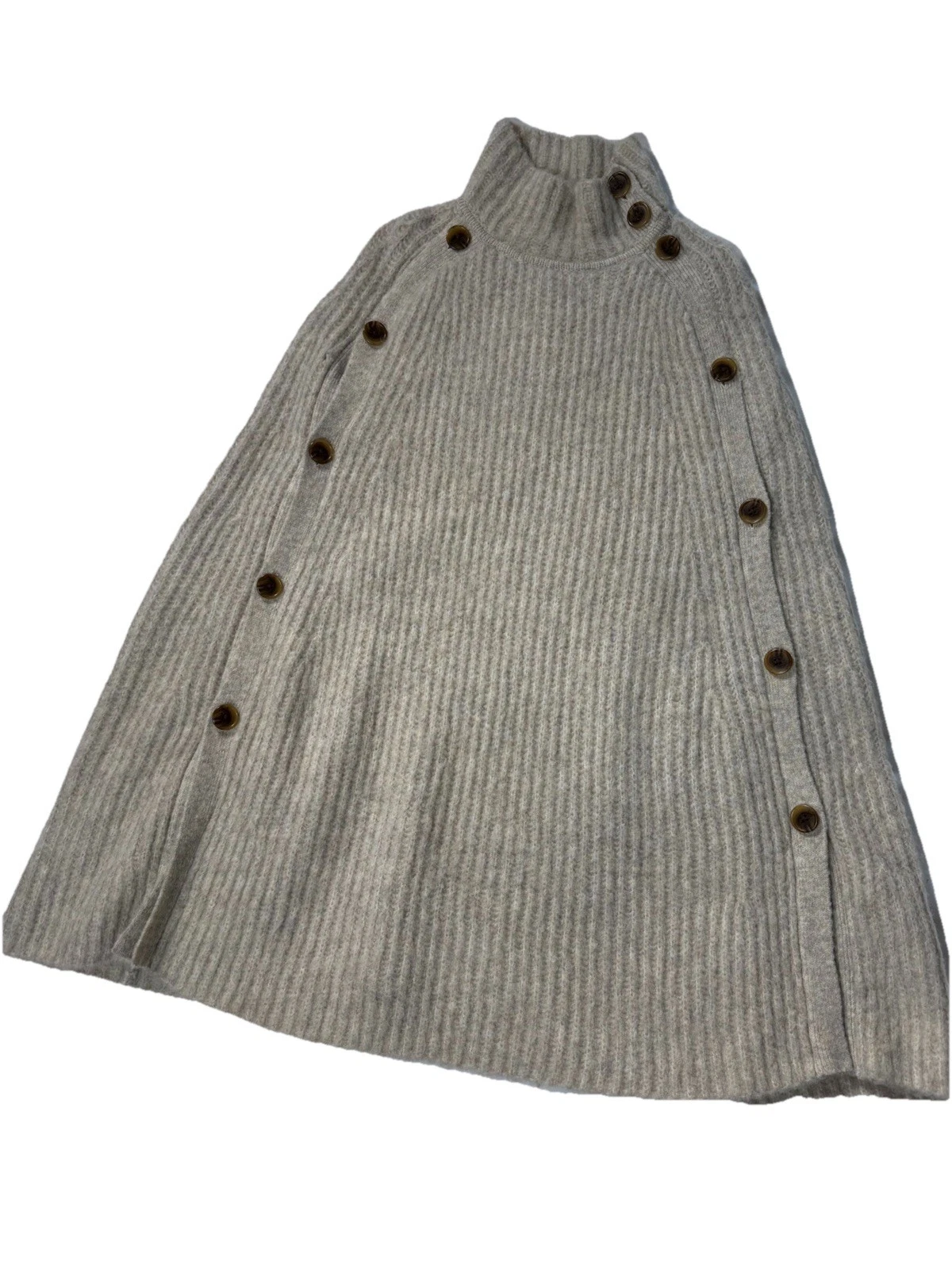 J Crew Cape Poncho Coat Sweater Womens L/XL Button Wool Blend Ribbed Turtleneck