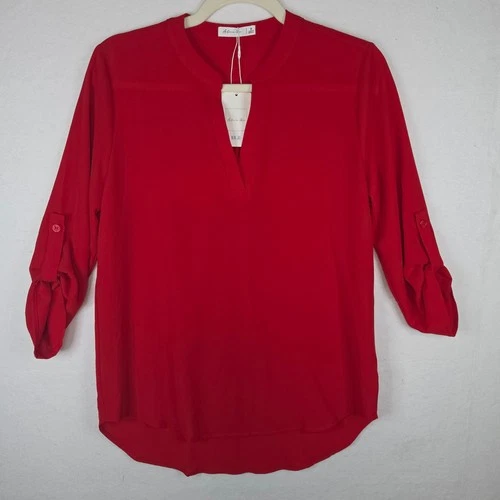 Active USA Red Split V-Neck Roll Tab Sleeve Blouse Small NWT - product listing photo