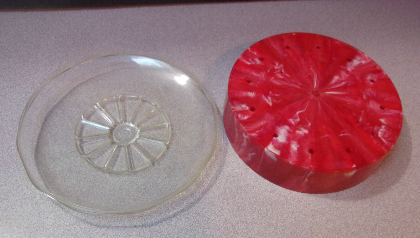 Vintage Round Red Marbled Sewing Thread Needle Storage Holder Container
