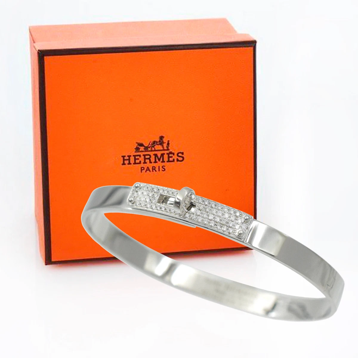 HERMES 0.35ct Diamond 18k White Gold Kelly Bangle Bracelet Small
