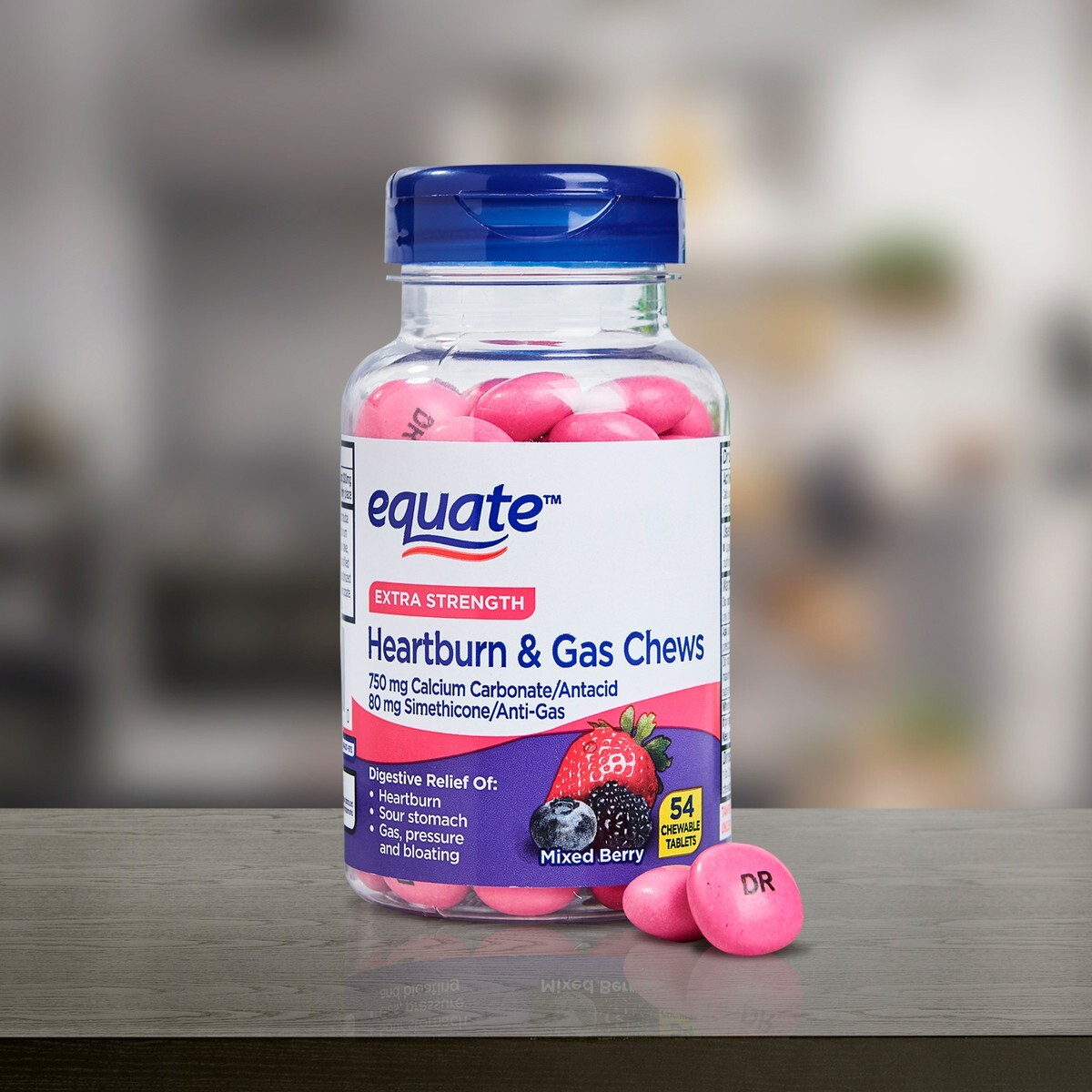 Equate Extra Strength Heartburn Relief + Gas Relief Chews, Mixed Berry
