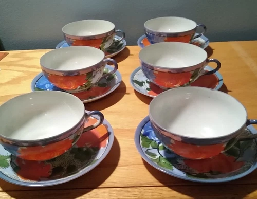 6 Hand painted Tea Cups And Saucers Made In Japan, Rare, ECU