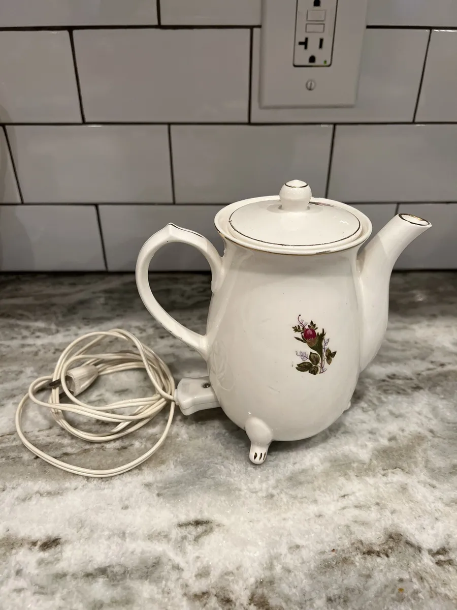 Hot Water Kettle Pot Tea Vintage Electric White Ceramic Porcelain 6 Rose  Japan
