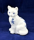 Vintage Fenton  Glass Cat Hand Painted Artist Signed  White With Blue Flowers