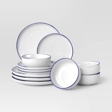 12pc Stoneware Dinnerware Set Blue Rim - Thre...