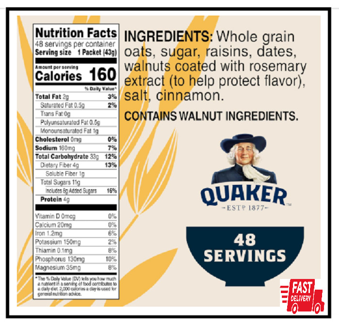 	Quaker Instant Oatmeal Raisin Date & Walnut 48 Packets 1.30oz	