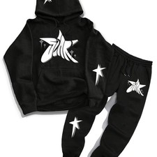 Men's fashion star print hoodie and casual sweatpants set, long-sleeved hoodie