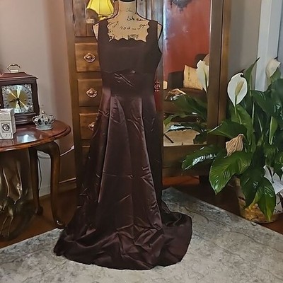 Cache Chocolate Brown Satin Scalloped Neckline Maxi Dress size 8